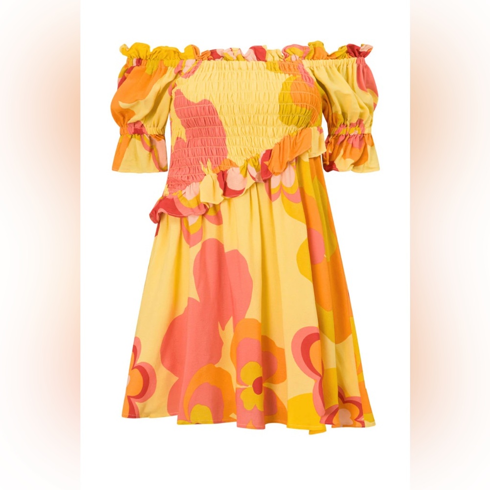 NWT SABO Jaden Off Shoulder Yellow Floral Smocked Mini Dress XS Vacation Resort - Picture 5 of 15